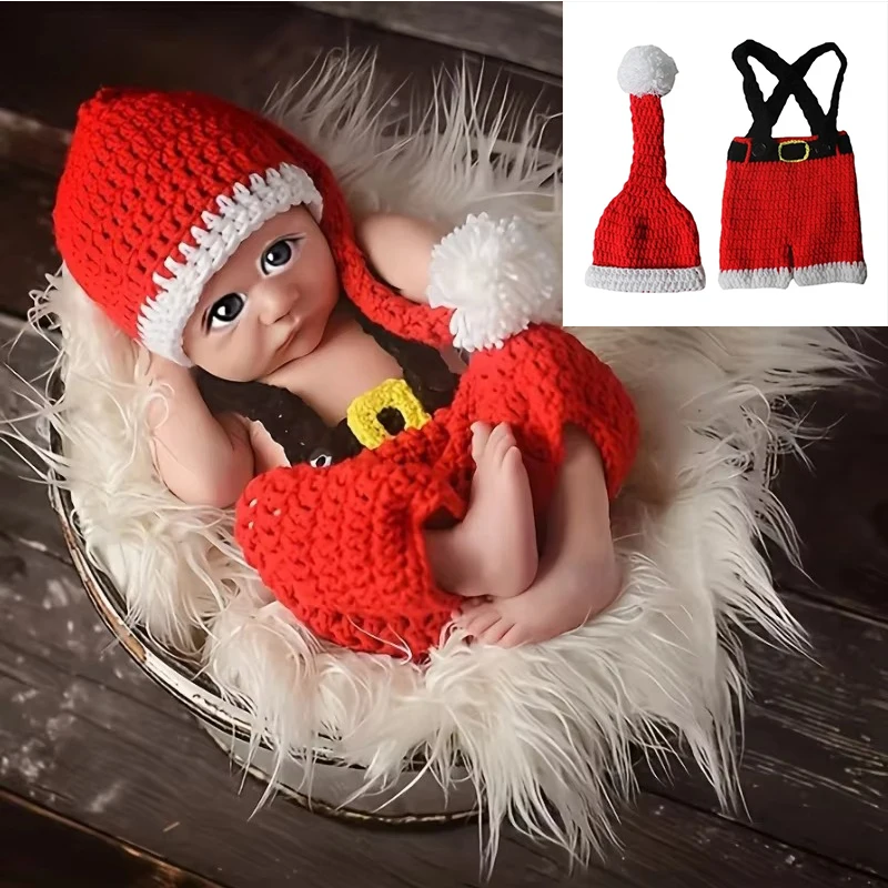 Christmas Newborn Photography Clothes Hand Make Woven Hat and Red Overalls Christmas Costumes Set Baby Photoshoot Clothing Props