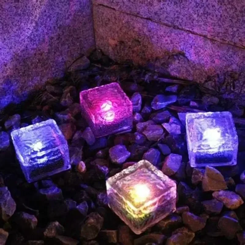 IP68 Waterproof Solar RGB LED Light Outdoor Decorative Tempered Glass Ice Cube Brick Lamp for Road Pathway Garden Landscape