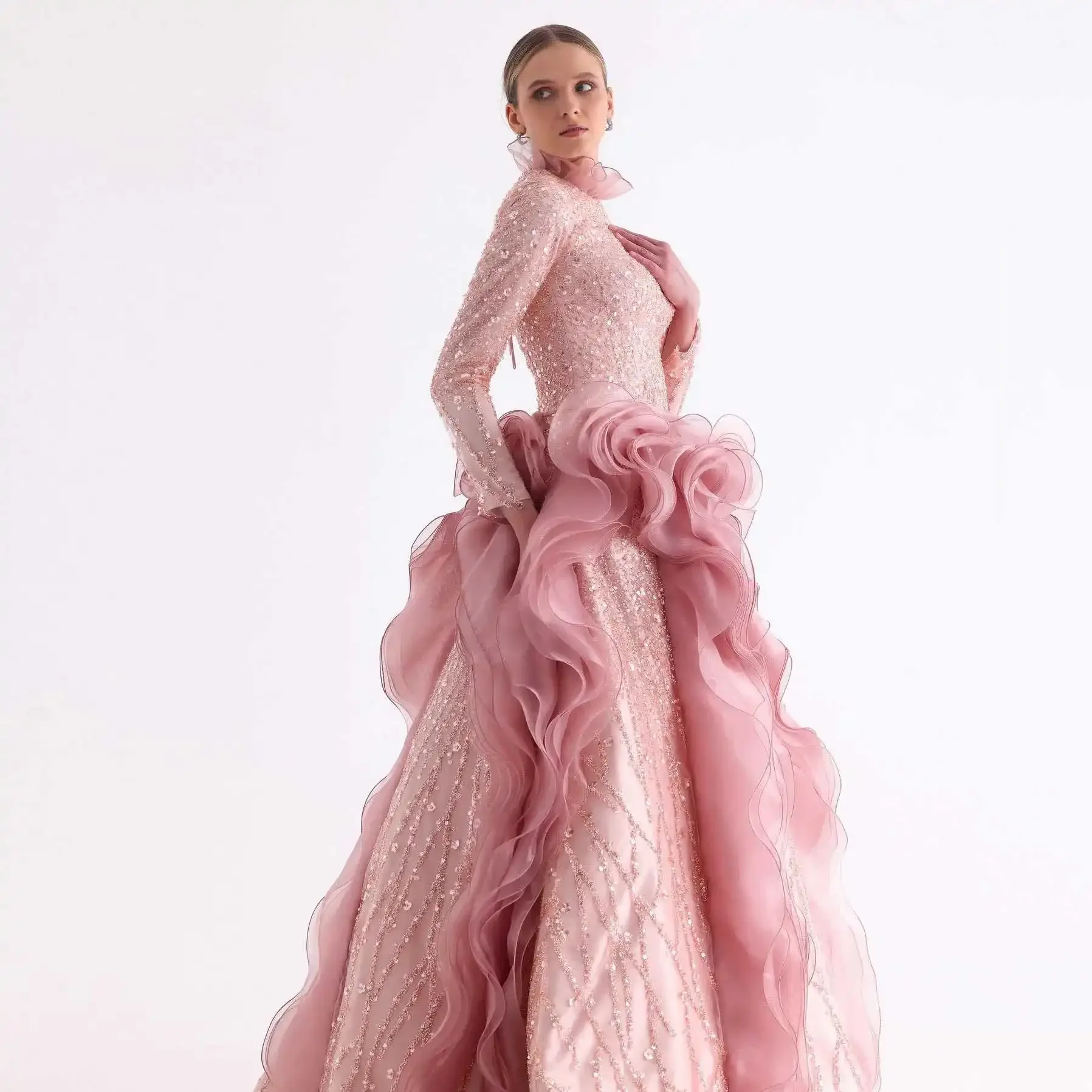 Dubai Luxury Long Sleeve Princess Ball Dress Elegant Crystal Shining Evening Dress A-line Tulle Graduation Dress Customization