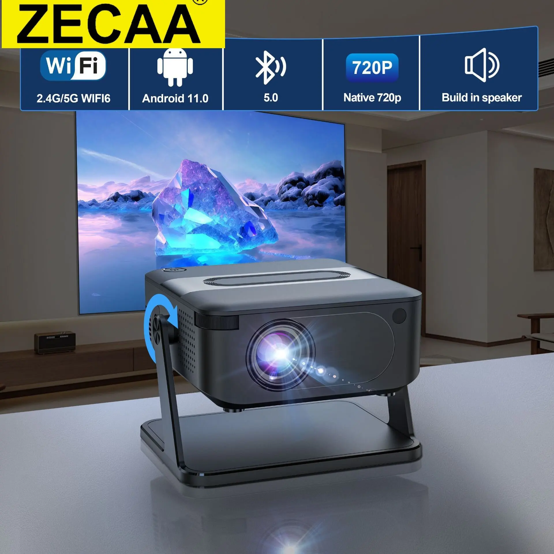 

ZECAA Full HD 720P 200 ANSI 4K 2.4G+5G Dual Band WiFi 6 Android 11 Portable Bluetooth 5.0 Smart Home Smart Gimbal Projector