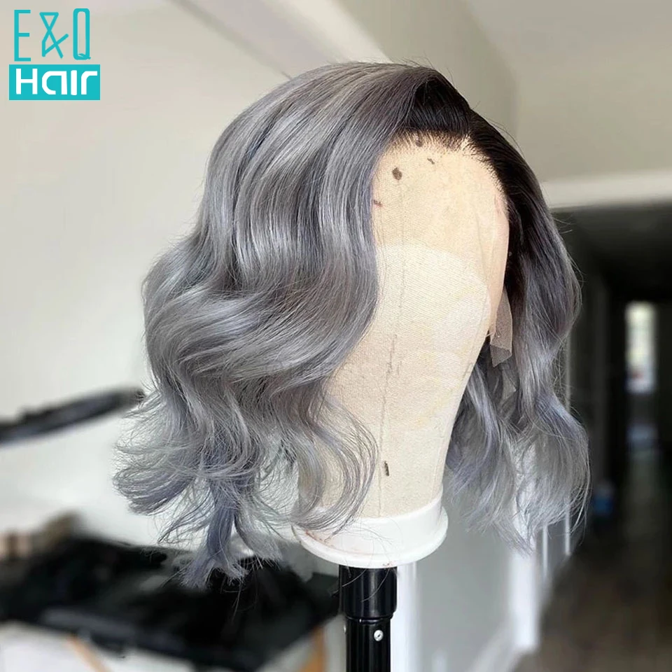 1B/Grey Short Bob Lace Front Wig Human Hair Wigs For Women Ombre Colored Brazilian Wavy Transparent Lace T Part Wig Pre Plucked