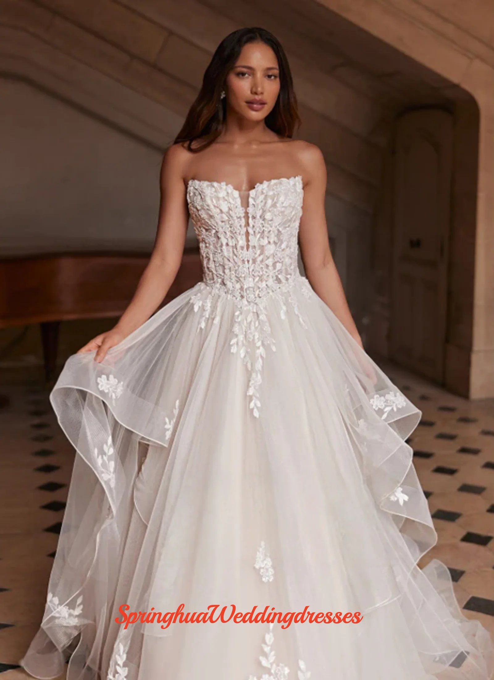 

Customized Modern Wedding Dresses for Women A-line Button Ruched Appliques Sleeveless Court Train Vestidos De Novia