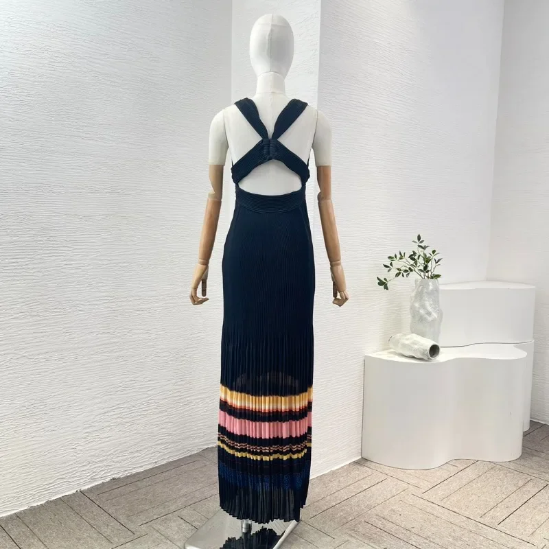 Women's Sleeveless Deep V Neck Tube Dress Multicolor Striped Midi Dress Sexy Party Dress New High Quality