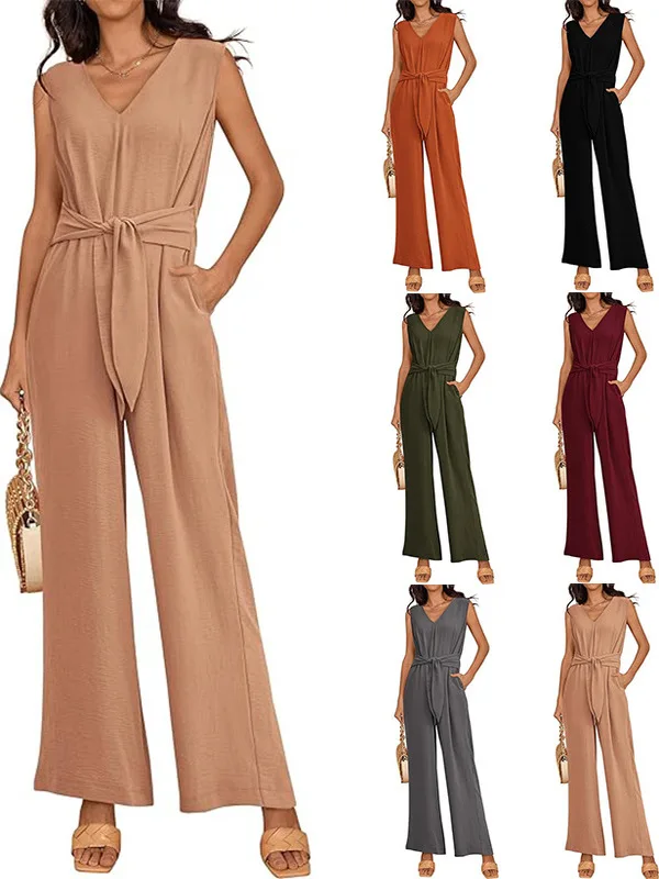 

Комбинезон с V-образным вырезом и завязками на талии, однотонный, в уличном стиле, с высокой талией, длинные брюки, широкие штанины, тонкий, стандартный крой