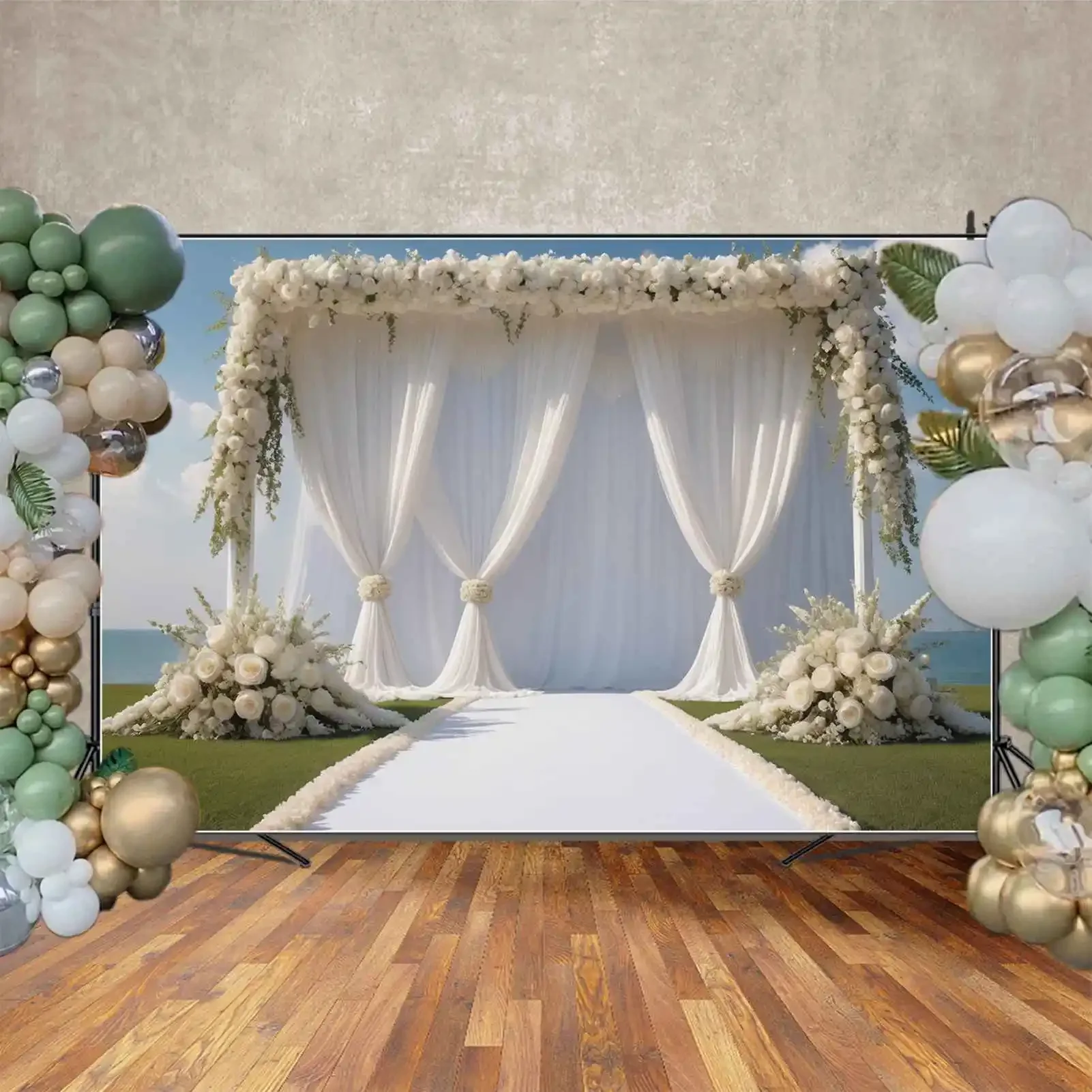 Mon.qg ฉากหลังสำหรับพิธีฤดูใบไม้ผลิสำหรับการถ่ายภาพสนามหญ้างานแต่งงานม่านฉากหลังรูปภาพงานปาร์ตี้ปรับแต่งช่อดอกไม้ขนนก