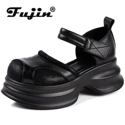 Fujin 6cm Mary Jane Sandals Women Ladies Genuine Leather Summer Round TOE 2024 Ethnic Platform Wedge Shoes Luxury HOOK Slipper