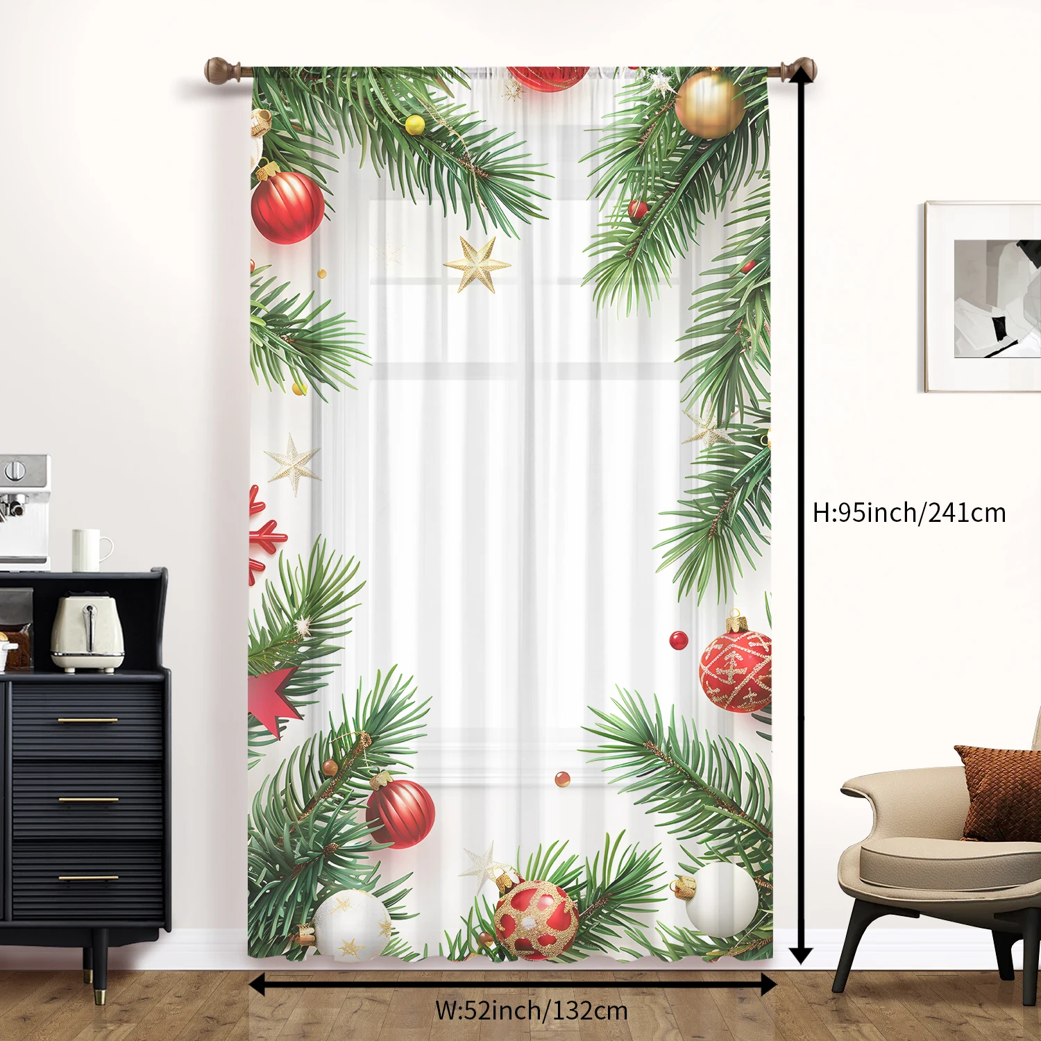 1 buah gorden kantong cetak Natal putih-tirai jendela tipis untuk ruang tamu, belajar, kamar tidur-Dekorasi rumah meriah