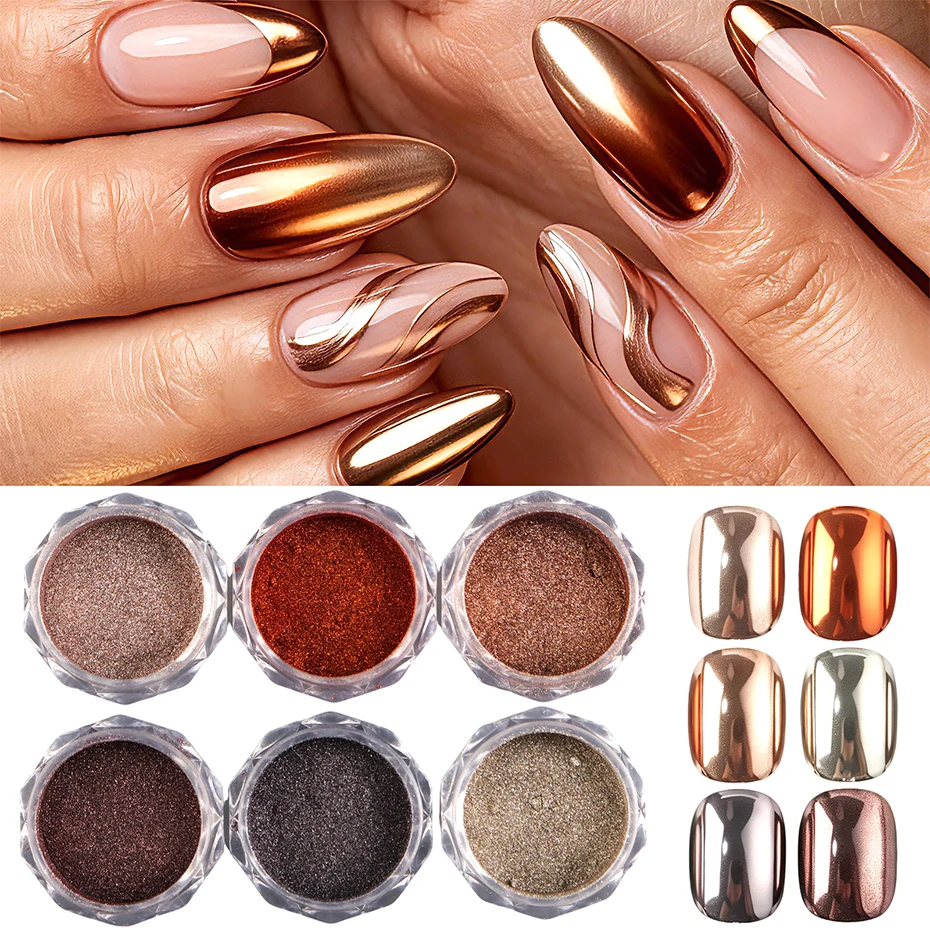 6 Jars Metallic Mirror Nail Powder Brown Copper Gold Bronze Chrome Nail Powder Pigment Dust Nail Art Glitter Manicure Decoration