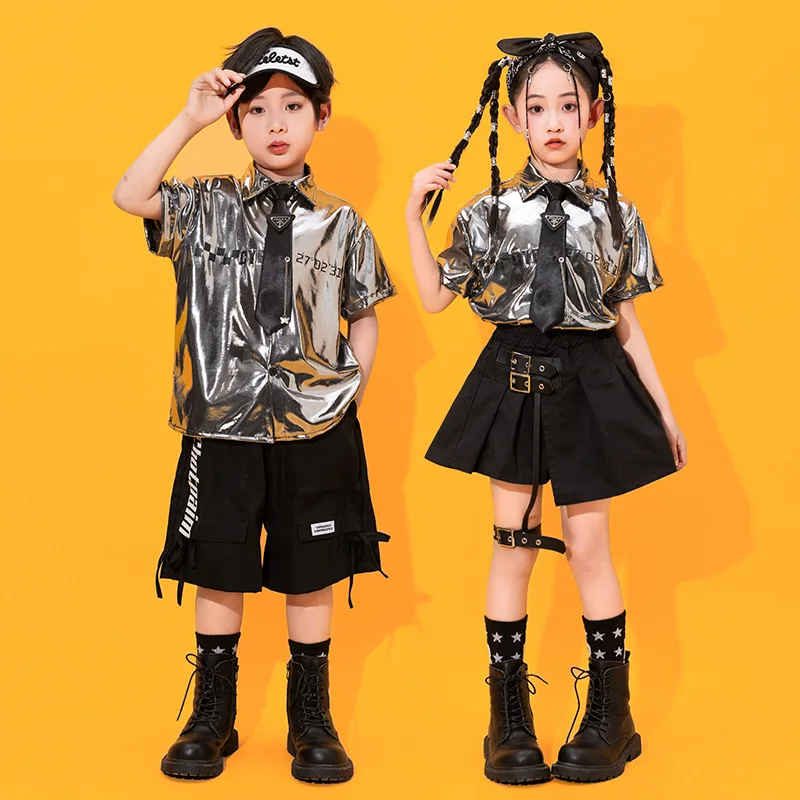 Girls Boys Jazz Dance Outfit Bright Silver Shirt Hip Hop Shorts Black Cake Skirt Kpop Stage Performance Wear Fashion Streetwear