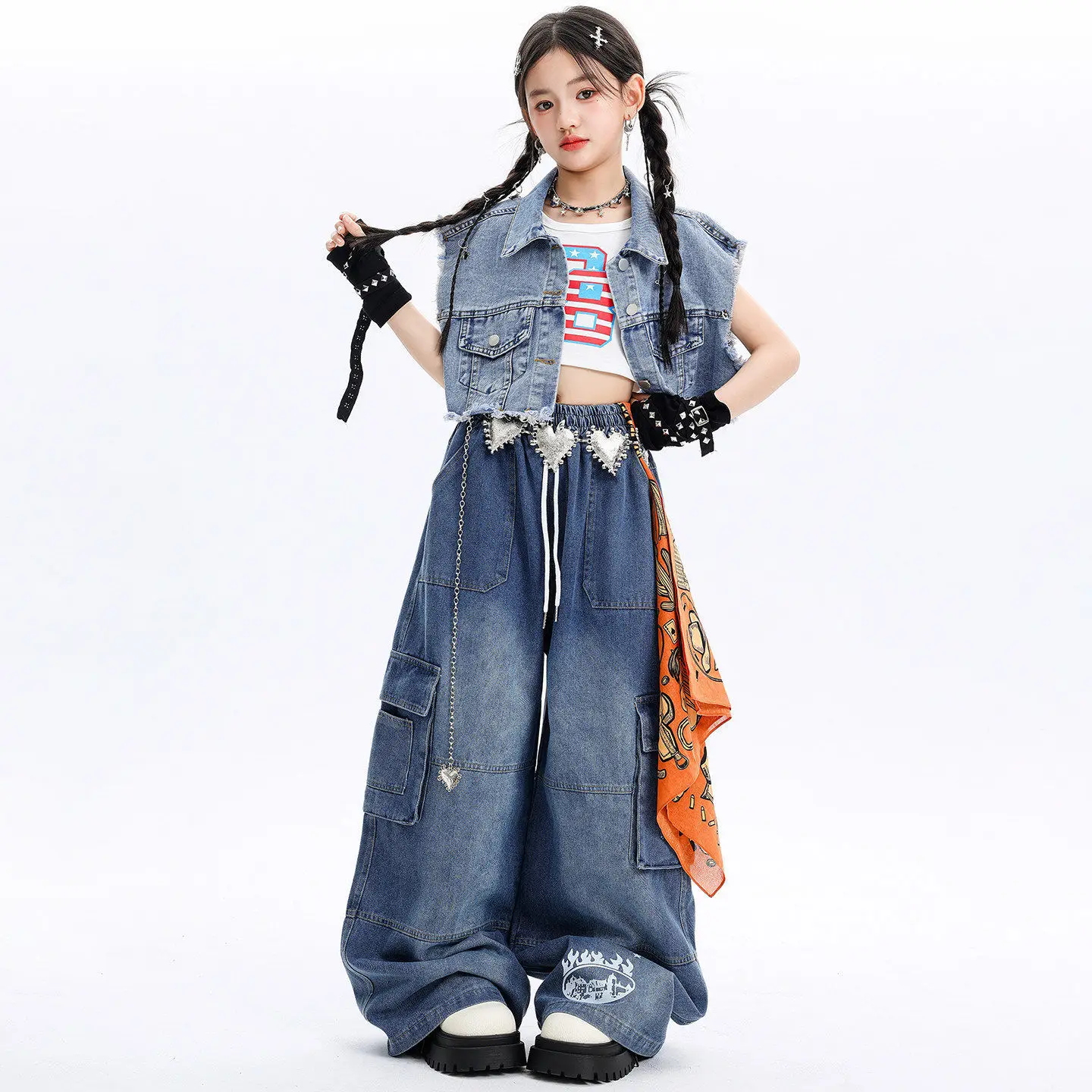 Kid Kpop Hip Hop Clothing Denim Blue Raw Hem Crop Vest Top Casual Wide Cargo Jeans Pants for Girl Street Dance Costumes Clothes