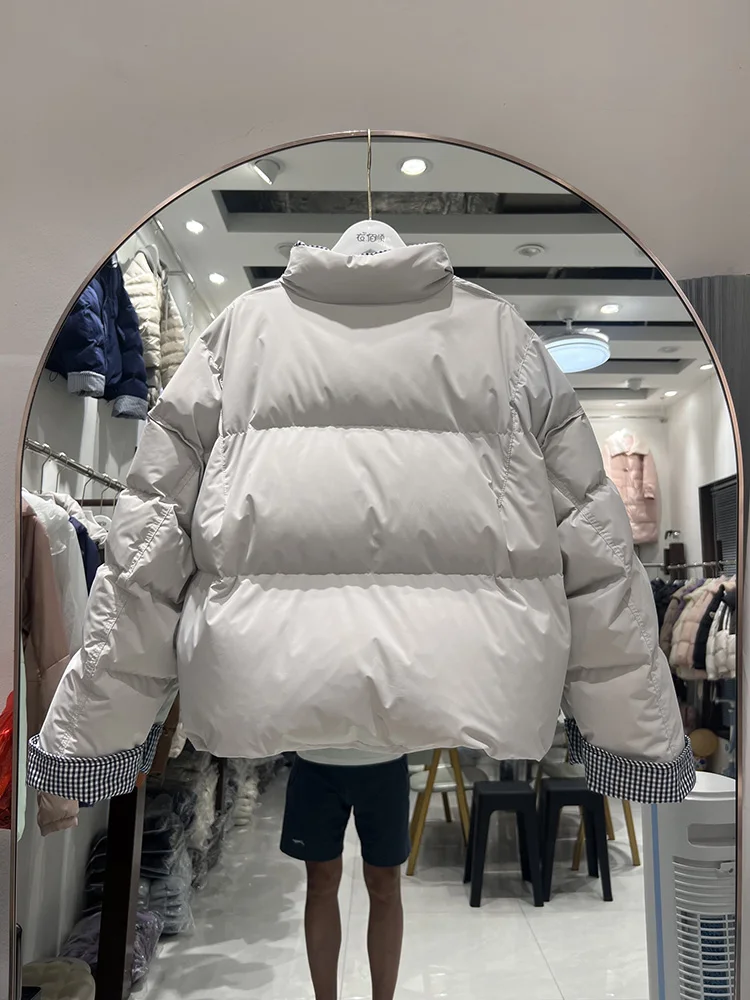 韓国版スタンドカラー拼接格子柄シングルブレストダウンジャケット レディース 2025年新作 ホワイトダックダウンコート