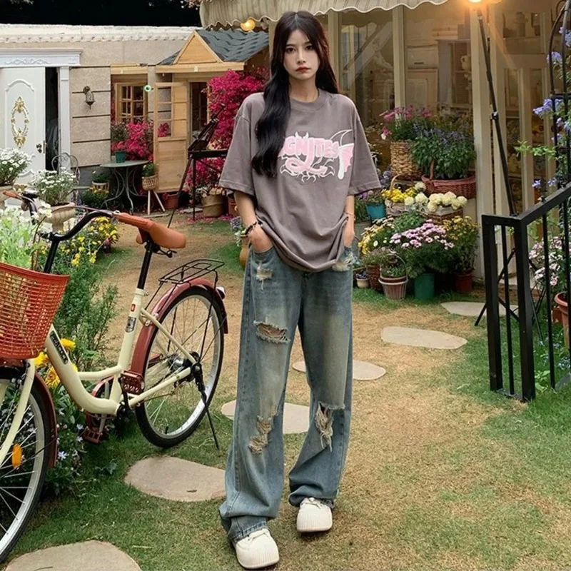 

American Retro Hole-punched Jeans Women High Waist Straight-crotch Loose Slim Design High-street Vibe Wide-legged Dragging Pants