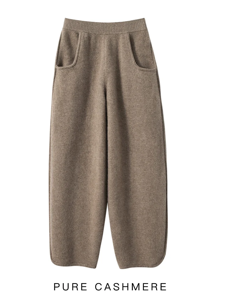 

High Quality Women's 100% Cashmere Pants External Stitching Ankle Leng Cigarette Tube Pants Autumn Winter Thick Knitted Trousers