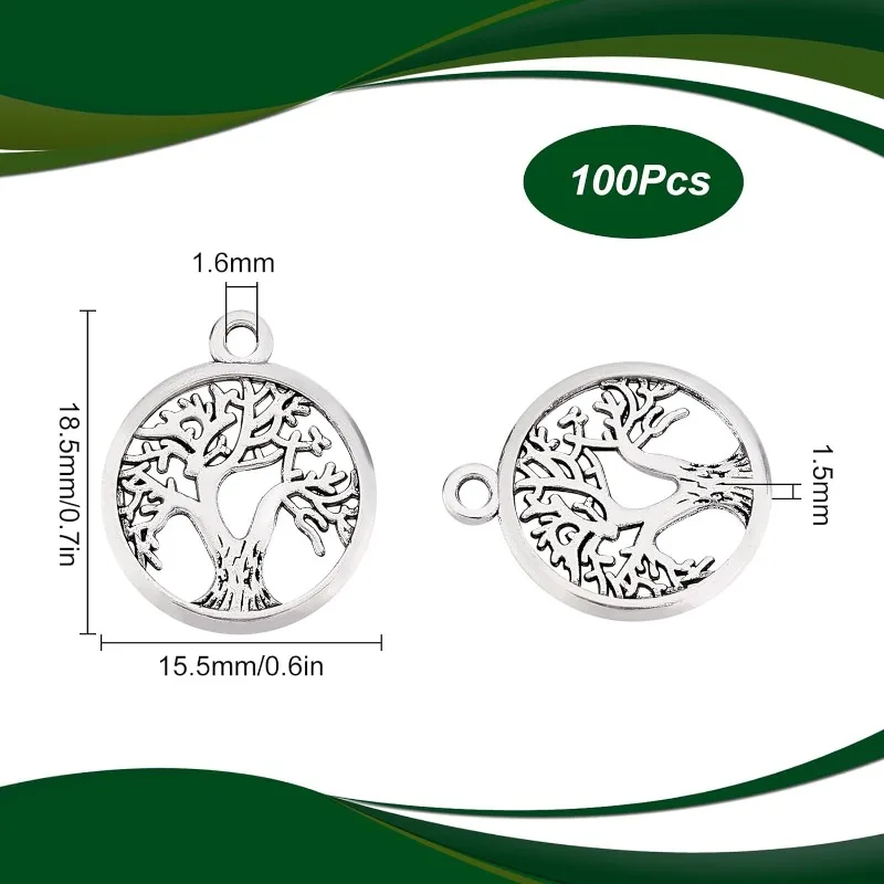 100 Pcs Tree of Life Charms Bulk Tibetan Style Alloy Flat Round Pendants for Jewelry Making Charms DIY Craft Dangle