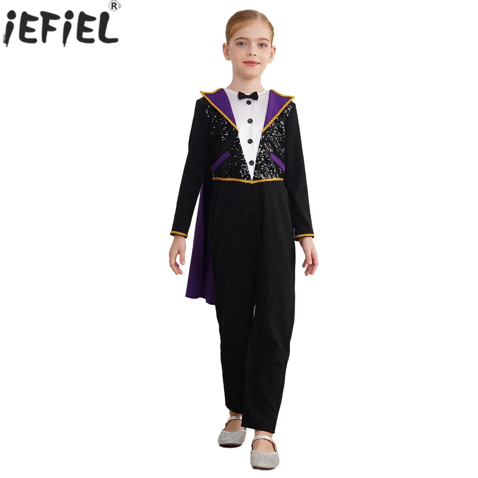 Kids Magician Costume Halloween Carnival Circus Cosplay Performance Jumpsuit Long Sleeve Shiny Sequins Bowtie Bodysuit with Cape