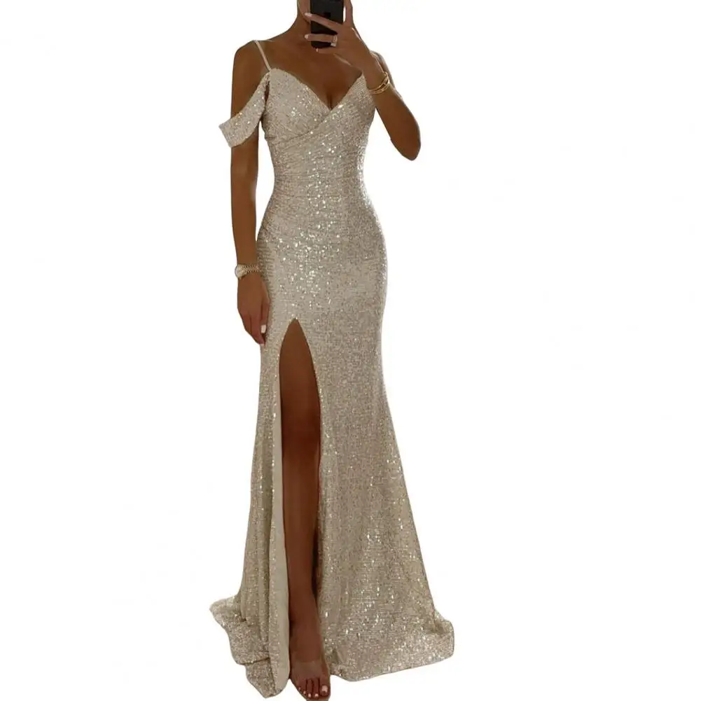 Damen Pailletten-Hosenträgerkleid, langes Kleid, elegantes Pailletten-Ballkleid für Abschlussball, Hochzeit, Partys, schulterfrei, V-Ausschnitt, Maxi für Bankette