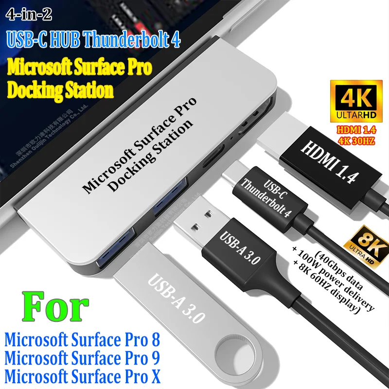 도킹 스테이션 USB-C Thunderbolt 4 허브 40Gbps 데이터 100W 충전 8K 60HZ 디스플레이 Microsoft Surface pro9 Surface pro8 및 Surface proX용 액세서리