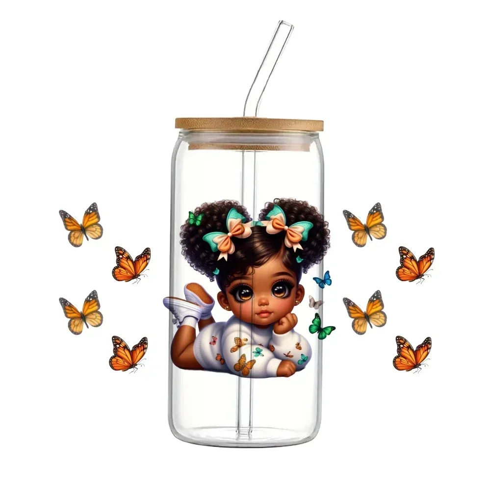 

Cute Baby Girl 11*24cm Black Cute UV DTF Wrap Sticker DIY For 16oz Glass Cup Waterproof Decals Coffee Cup Sticker