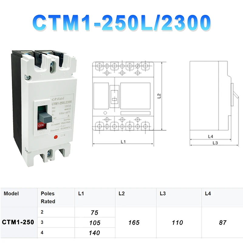 DC CTM1-250 2P DC 500V 250amp Molded Case Circuit Breaker solar Photovoltaic Overload Protection Switch PV High Current Battery