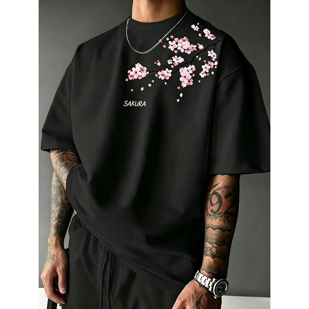Cherry Blossom Branch Graphic Men T-Shirt Casual Loose Streetwear Short Sleeve Summer Fashion Tee