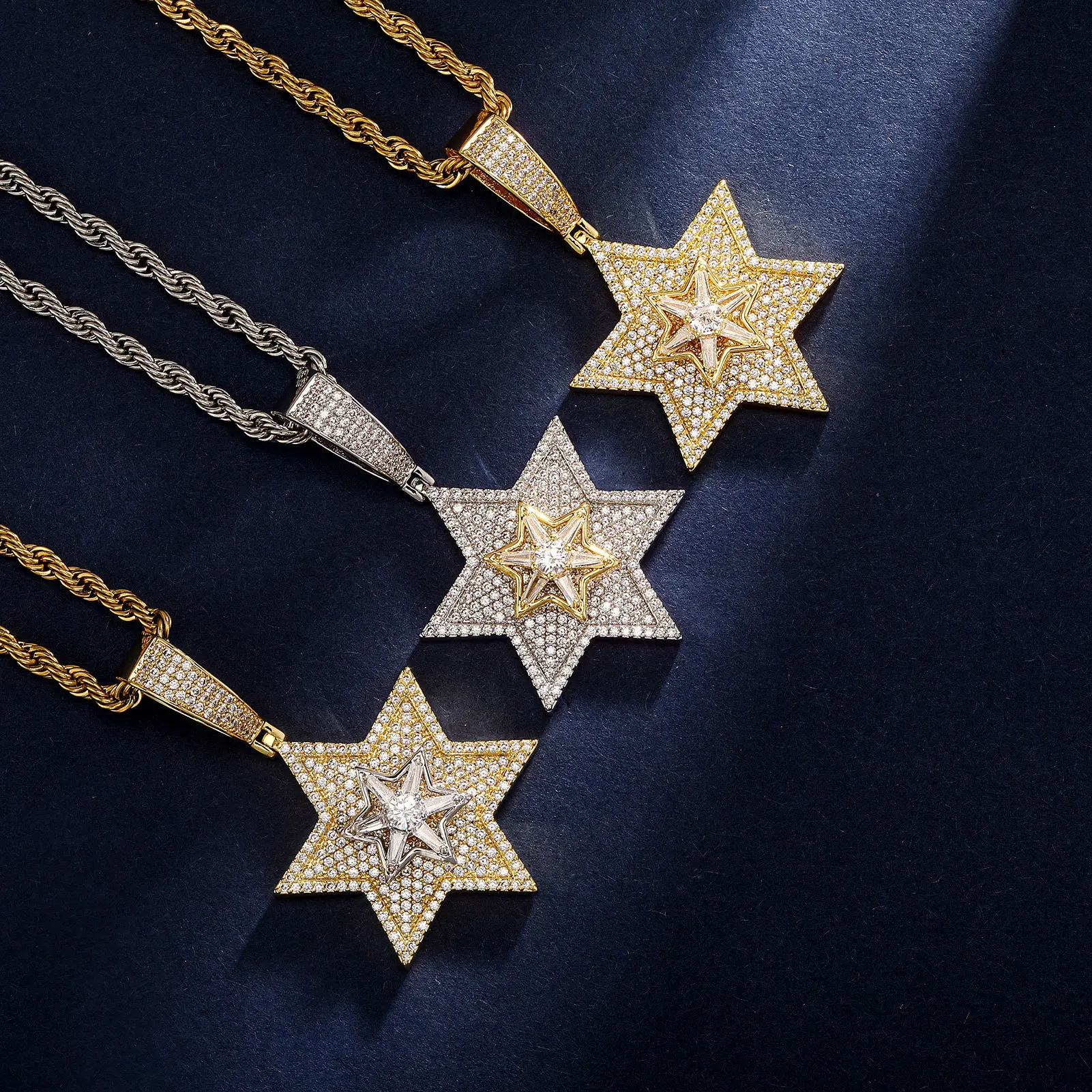 Iced Out Full Rhinestone Rotatable Double Layer Hexagram Pendant Necklace For Men Lucky Blessing Hip Hop Trendy Jewelry For Part