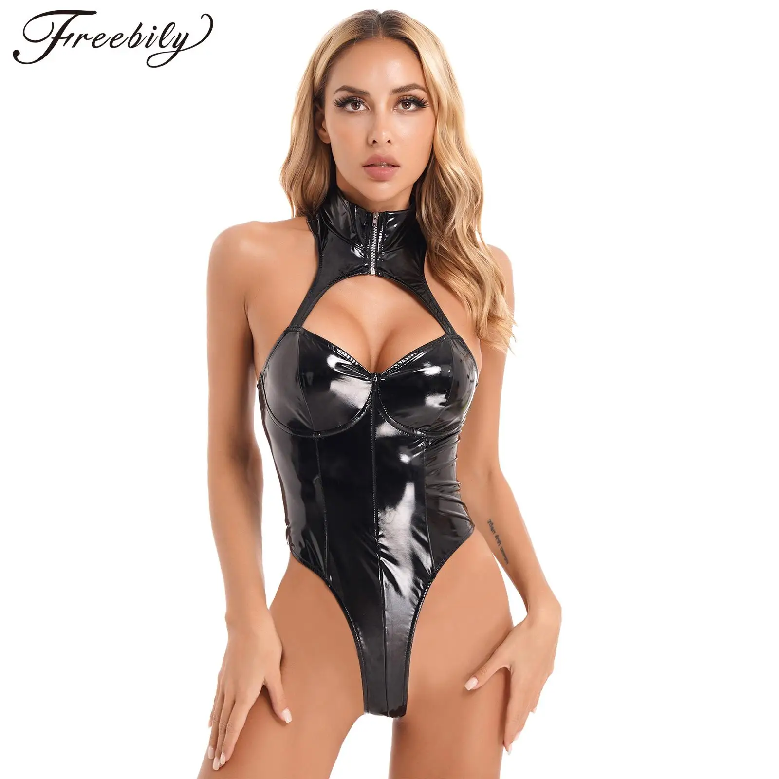 Womens Wet Look Patent Leather Bodysuit Sleeveless Hollow Out Catsuit Club Party Pole Dancing Stage Performance Costume Clubwear