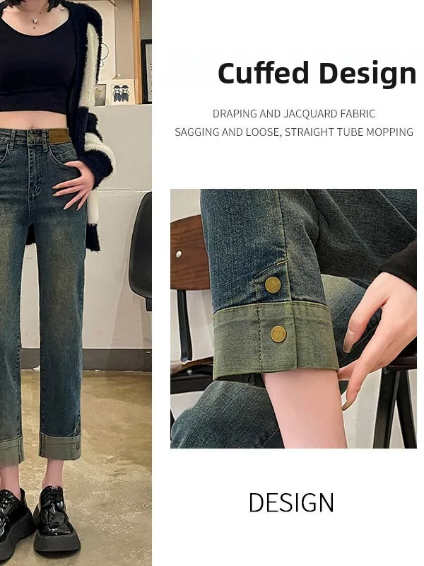 High Waist Straight Leg High Waist Patchwork Women's Jeans Cigarette Design Retro Style Straight Tube Trousers for Autumn