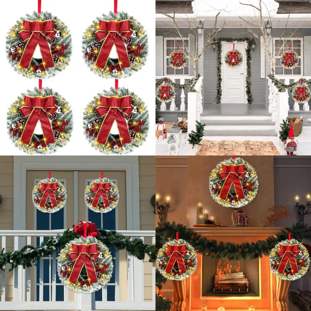 

Battery Operated LED Lighted Christmas Wreaths, 12 Inch Pre-Lit Small Xmas Wreaths with Large Bows, Pine Needle Wreaths for Fest