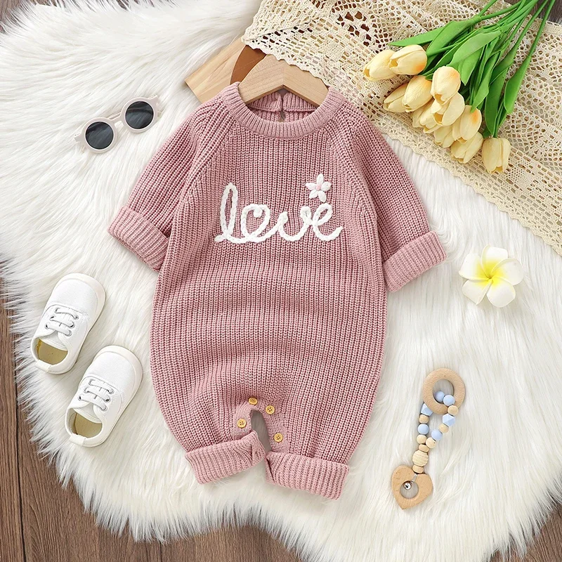 

Newborn Baby Rompers Knitted Infant Girls Jumpsuit Long Sleeve Autumn Toddler Clothes 0-18M Overalls Fashion Embroidered Letters