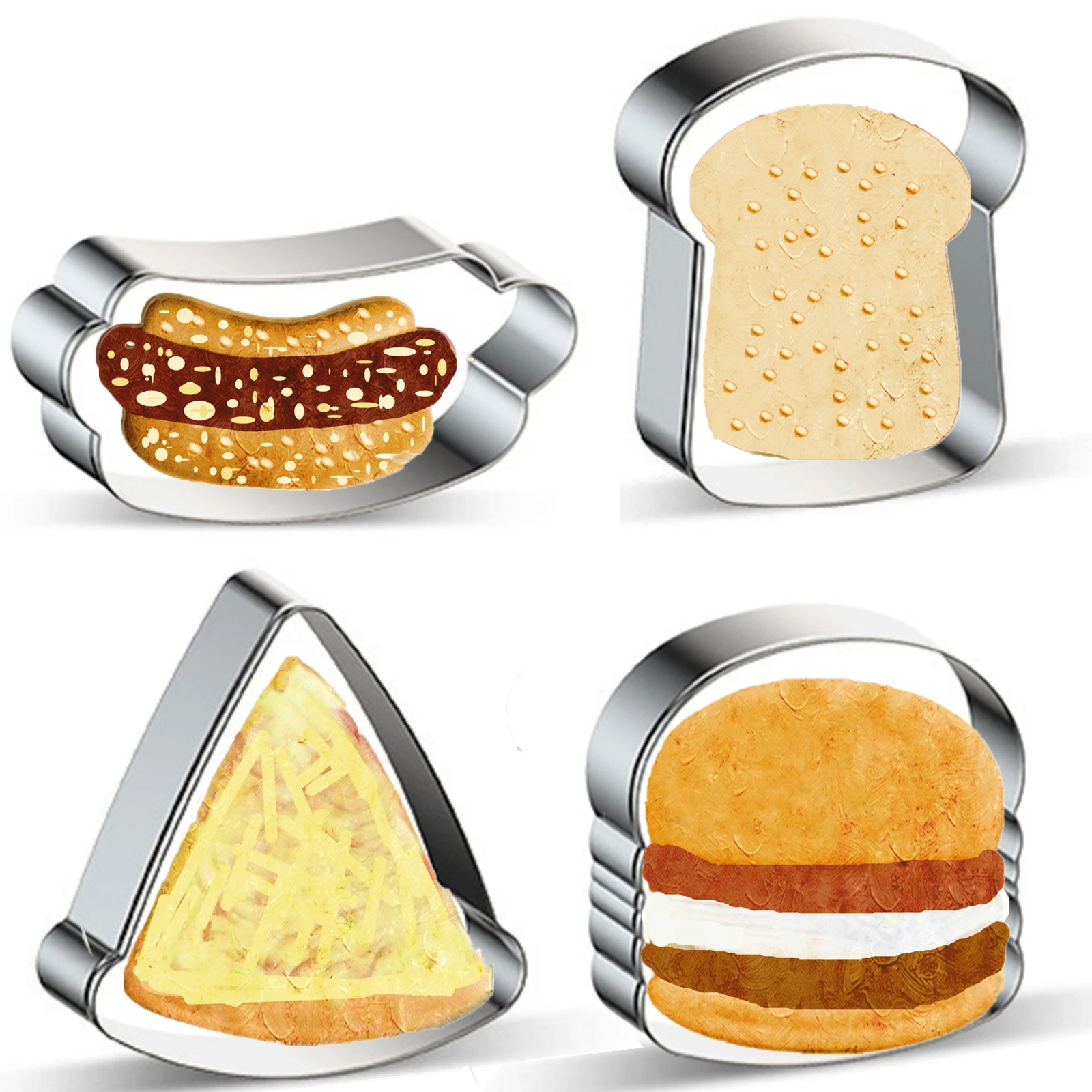 

Stainless Steel Hamburger Shaped Cookie Cutters Set of 4 PCS, Burgers Shapes Pastry Biscuit Cake Fondant Molds for Baking DIY