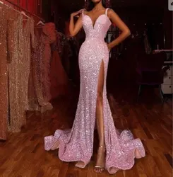 Bling Bling Pink Mermaid Evening Dresses 2023 Spaghetti Straps Sweetheart Sexy Prom Dress With Slit Sequin Long Evening Gowns