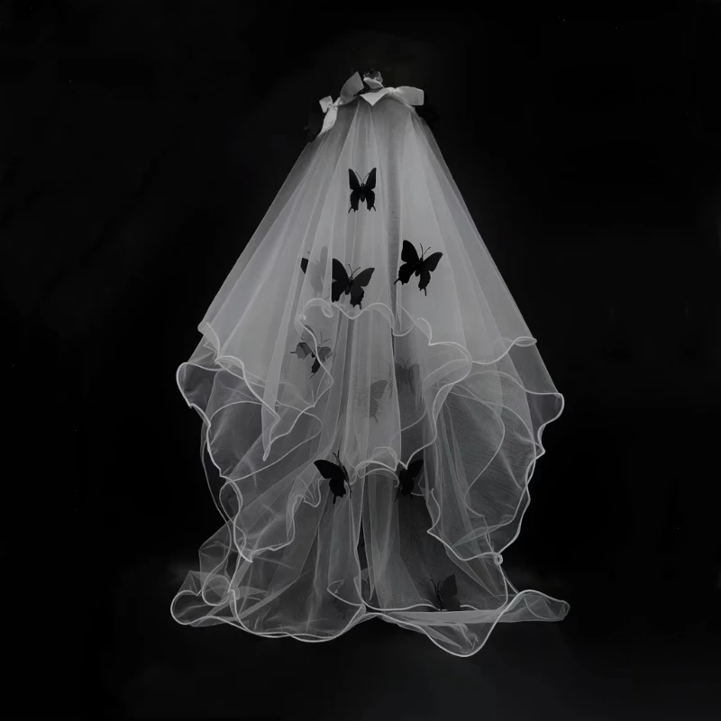 Wedding Photography Bride Long Veil with Black Butterfly Engagement Headdress