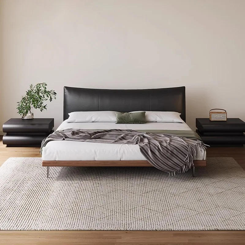 Italian minimalist leather bed, Chanel bed, antique black double bed