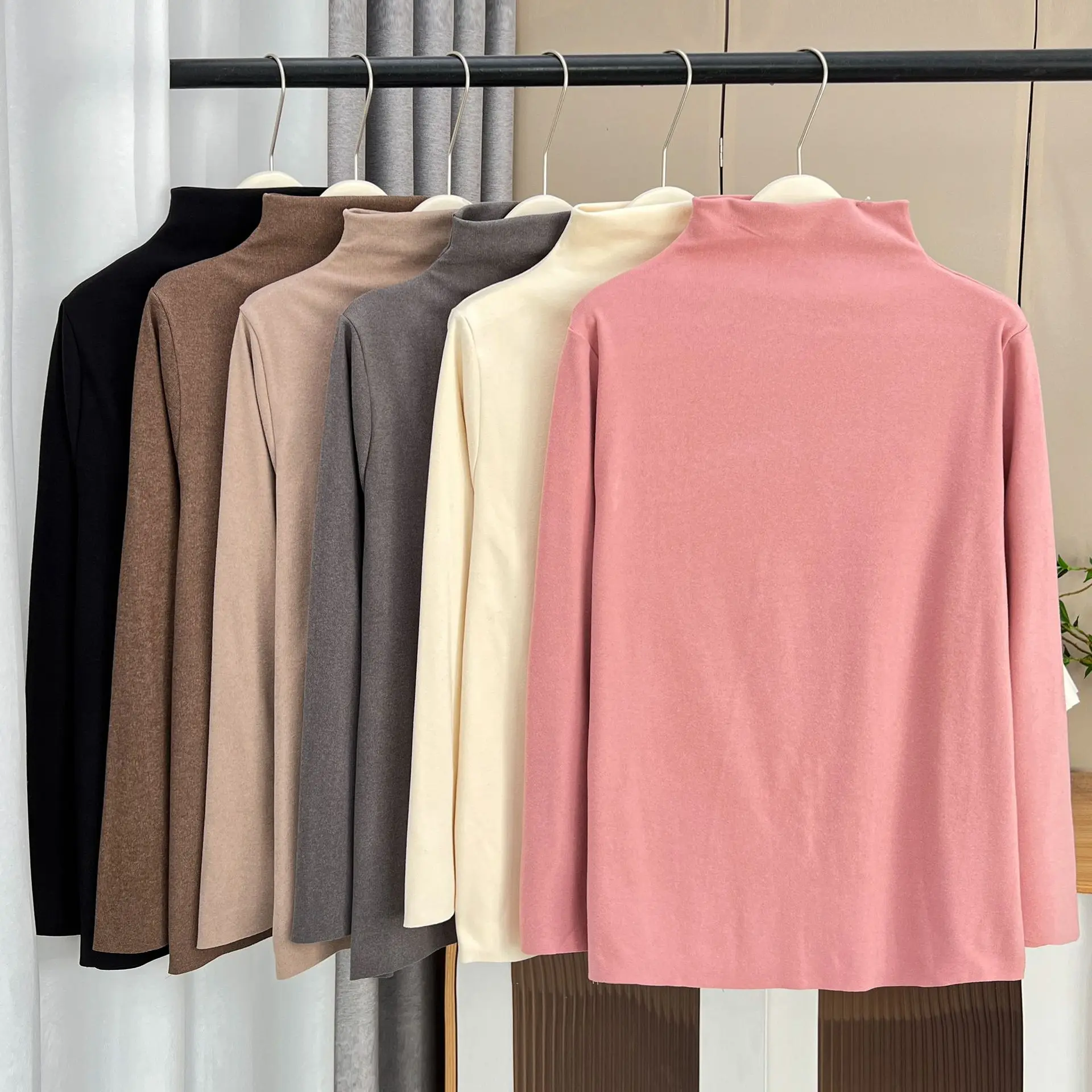 Herbst und Winter 100kg einfarbiger Stehkragen Basic Tops plus Größe Damen lässig de Samt Stoff warmes T-Shirt