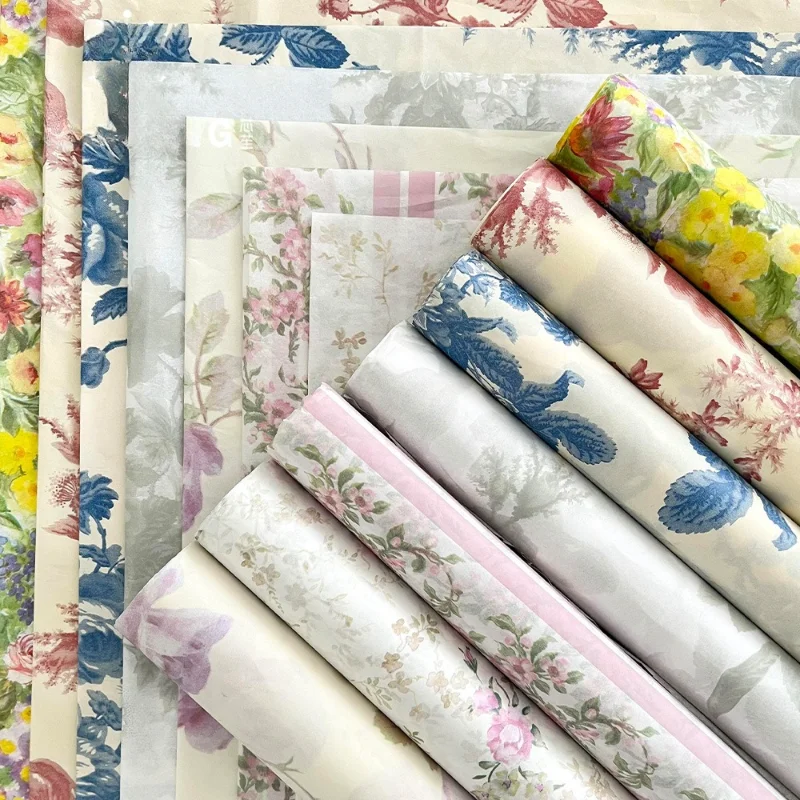 

Floral Pattern Craft Tissue Paper 22G Printed Vellum for Bouquet Wrapping, Vintage Style 50x70cm 10 Sheets/Pack