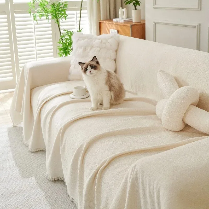 Solid Color Chenille Material Sofa Cover Universal Anti Cat Scratch Non-Slip L-shaped Corner Blanket Couch Protector