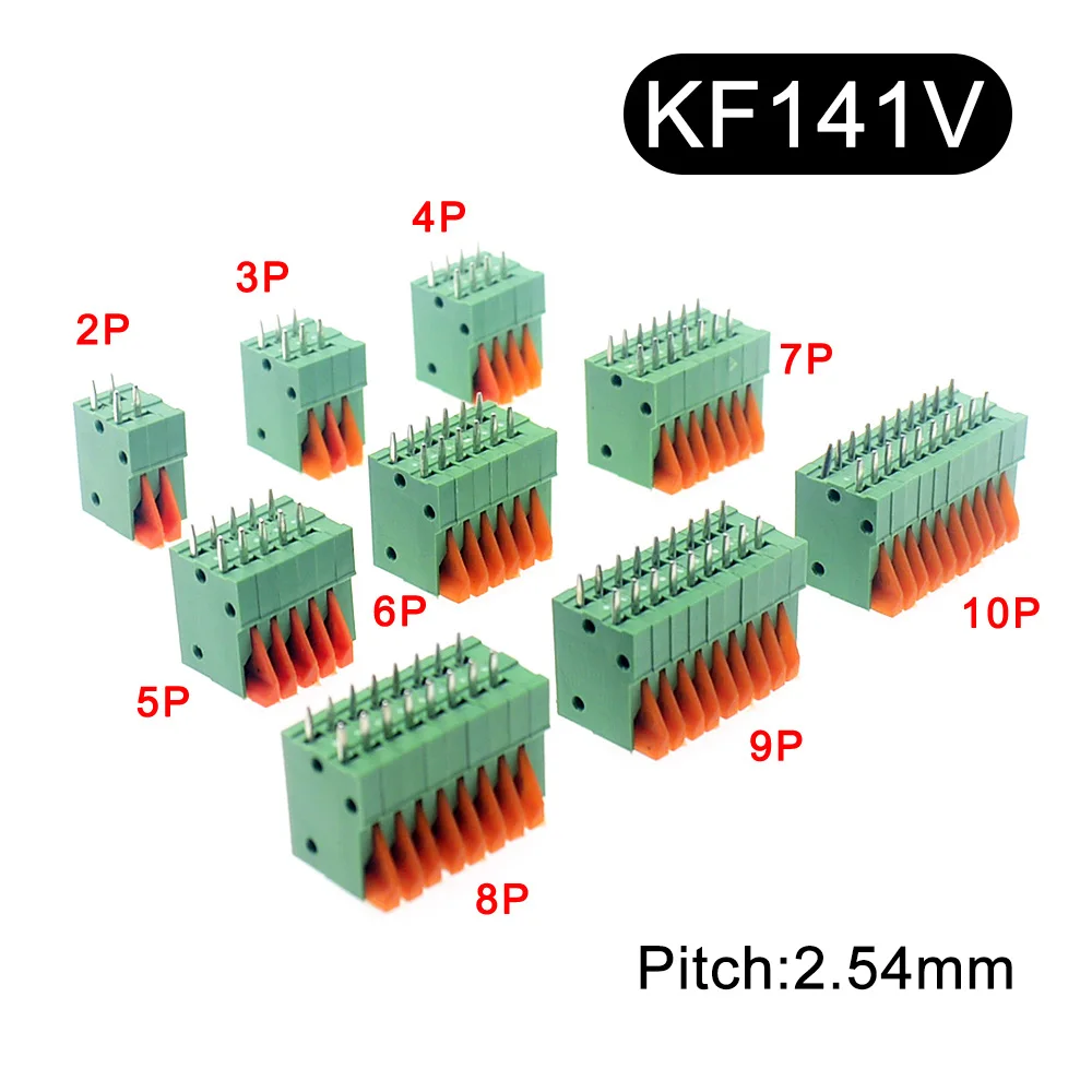 Connecteur PCB sans vis à ressort enfichable, pas de 2.54mm, KF141V, KF141R, pieds droits et courbés, nuits de bornes, 2 P, 3 P, 4 P, 5 P, 6 P, 7 P,