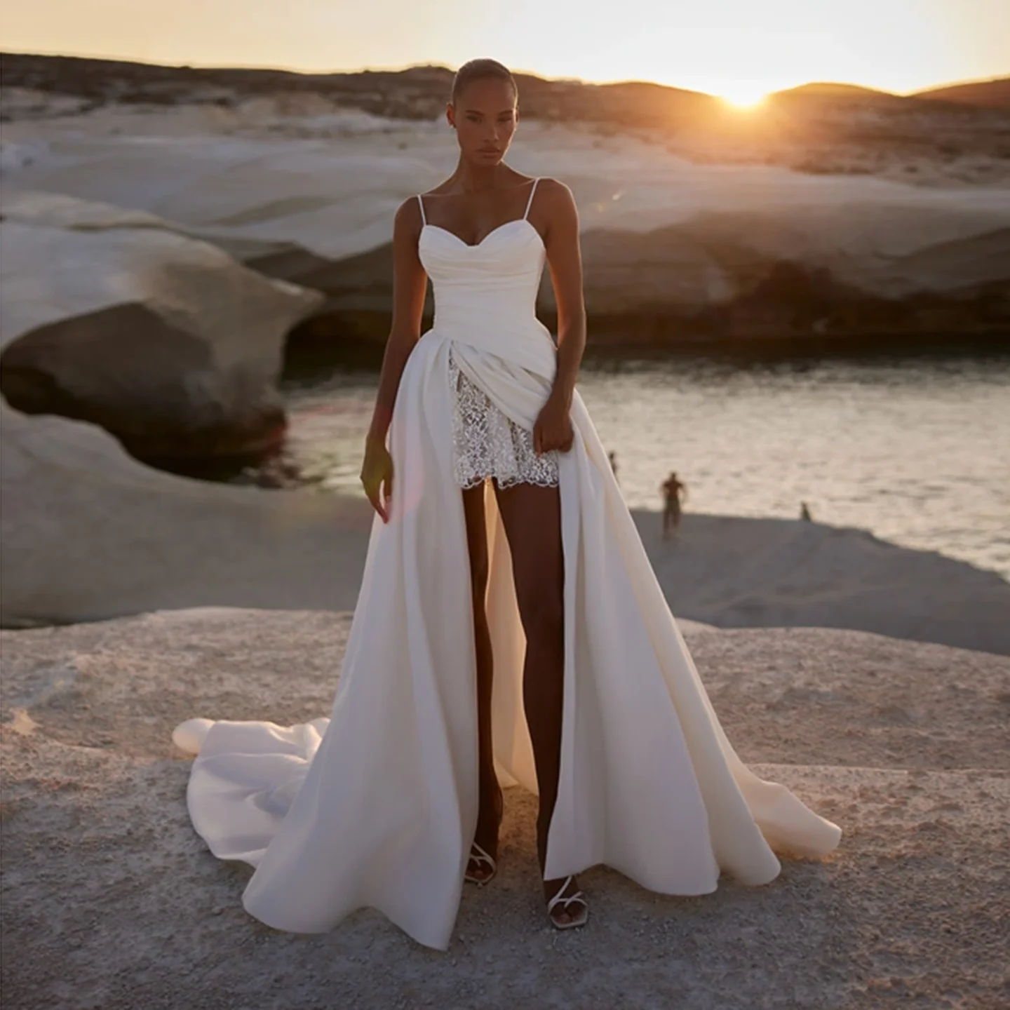 

Sharon Said 2025 Vintage Sweetheart A-Line Off White Satin Wedding Dress With High Slit Corset Bride Gowns SW215 Customized
