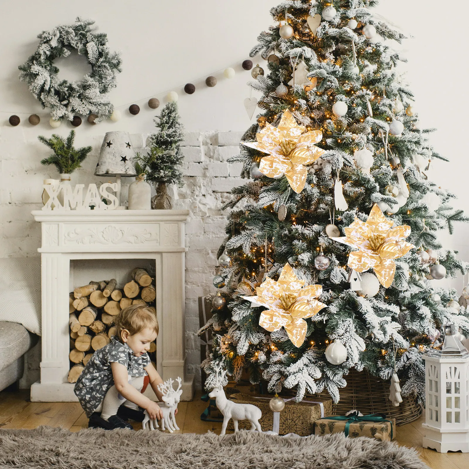 

Набор из 4 рождественских цветочных украшений: имитация тканевых цветов для елки, праздничные DIY-украшения, реалистичные декорации для новогодней вечеринки, яркие