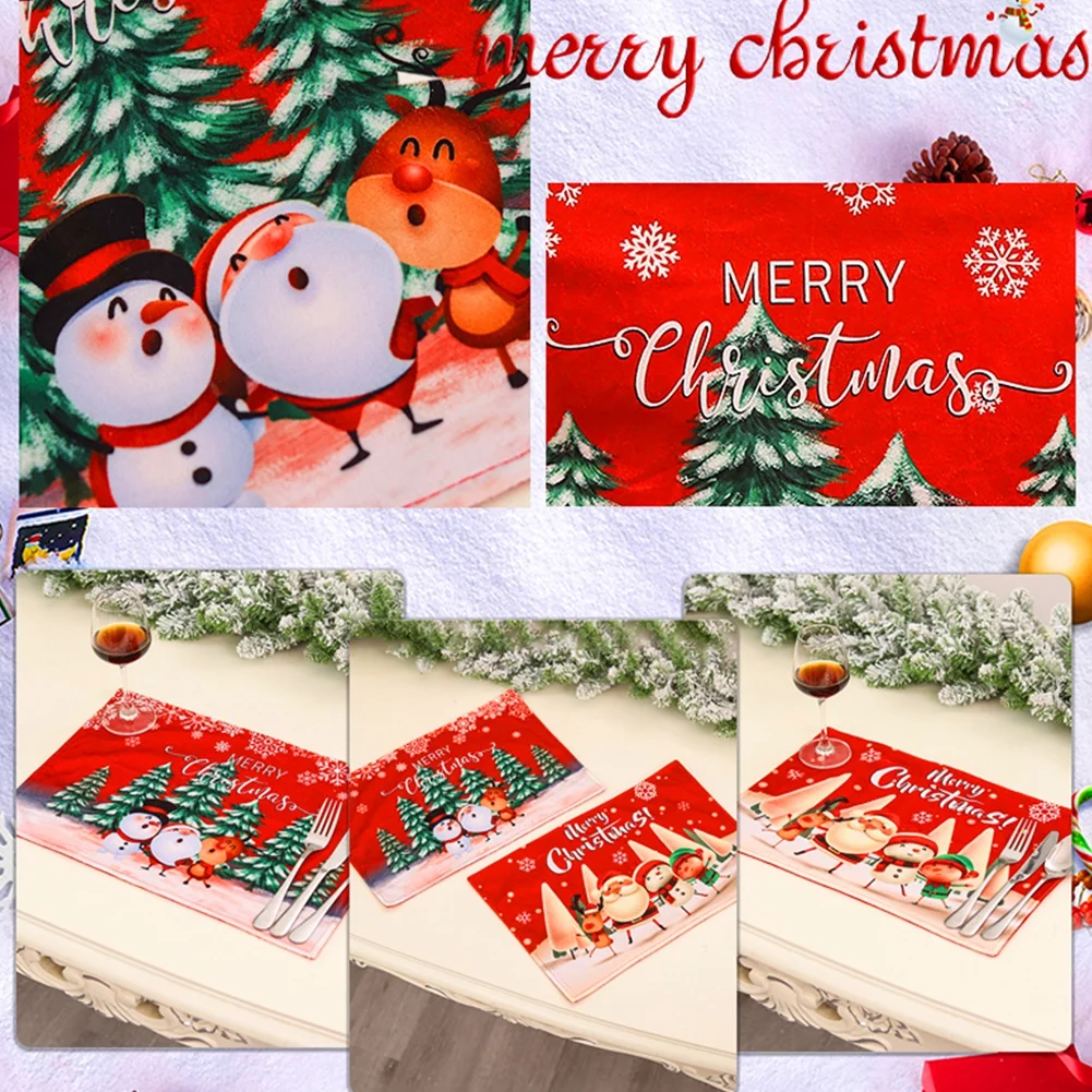 2pcs Linen Christmas Tree Elk Placemat Dining Table Mat Coaster Bowl Coffee Cup Pad Mat For 2024 Navidad Home Kitchen Decoration