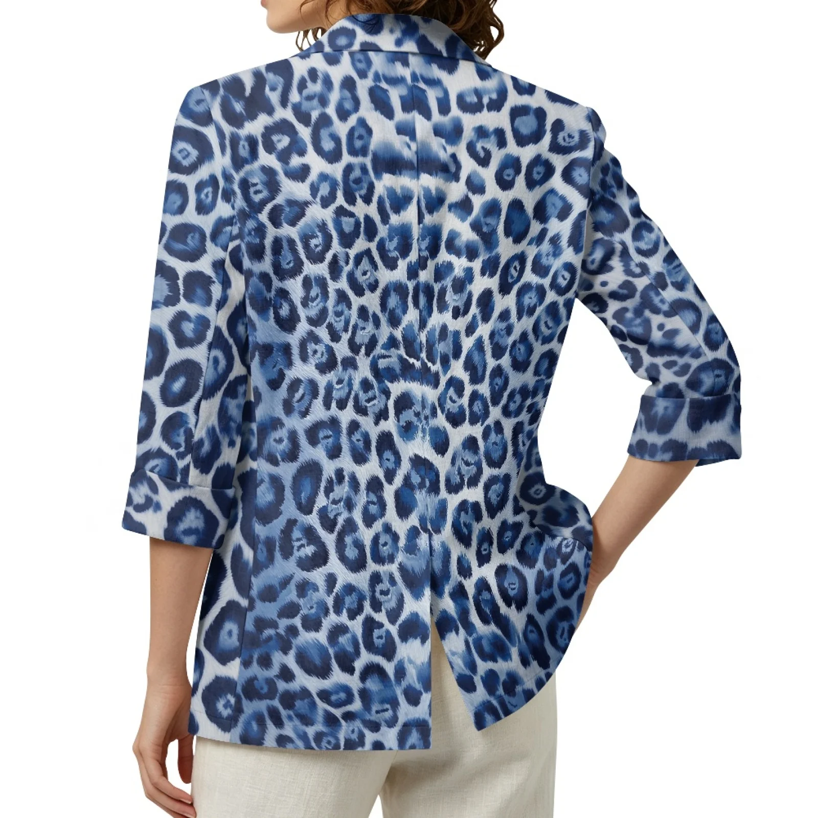 PENSTROLL Blue Leopard Print Linen Style Peplum Blazers, One Button Beach Cover up for Women, Sizes S-3XL Fall Outerwear