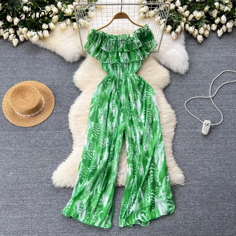 

Neploe Fashion Print Slash Neck Ruffles Jumpsuits Women Y2k Slim Waist Straight Trousers 2024 Summer New Loose Wide Leg Pants