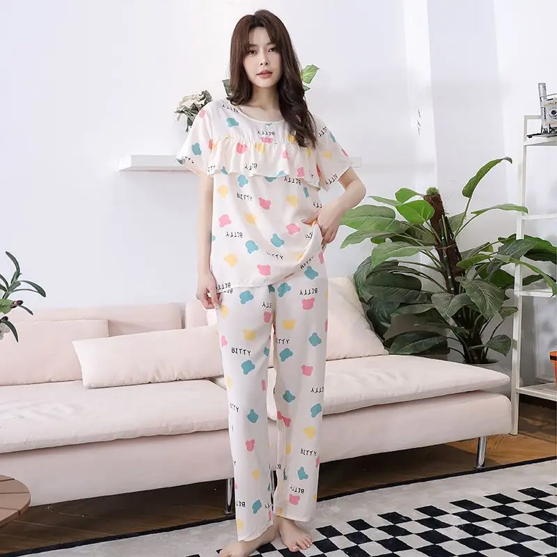 Pajamas Set, Floral Short-sleeved Nine-point Pants Artificial Cotton Loungewear Chest Pad-free Anti-convex Can Be Worn Outside