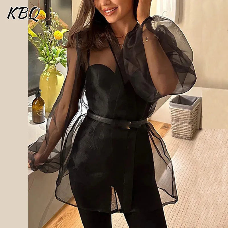 

KBQ Solid Patchwork Lace Up Mesh Shirt For Women V Neck Lantern Sleeve Spliced Belt Temperament Blouse Female Fashion Clothing