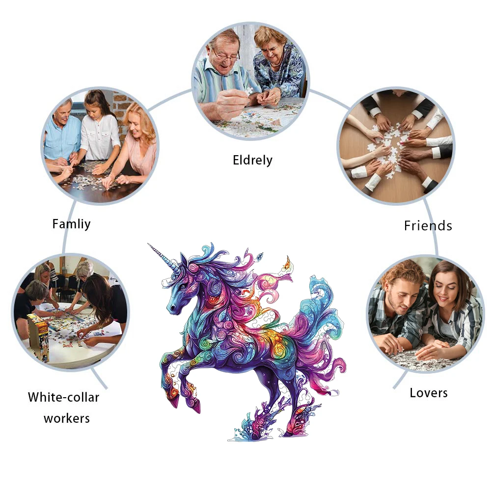 Quebra-cabeça de madeira de unicórnio, peças de formato exclusivo, quebra-cabeças de madeira para adultos, presente de natal, jogo familiar, decoração de casa