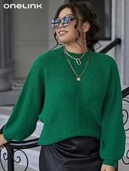 ONELINK Dark Green Plus Size Women's Sweater Crew Neck Solf Knitting Pullover Long Loose Sleeve Casual Office Wearing