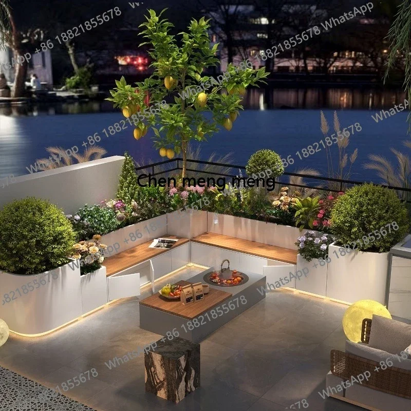 Courtyard Stainless Steel Flower Box & Bench Combination - Rustproof Outdoor Garden Terrace Landscape  Fence  Partition  Planter