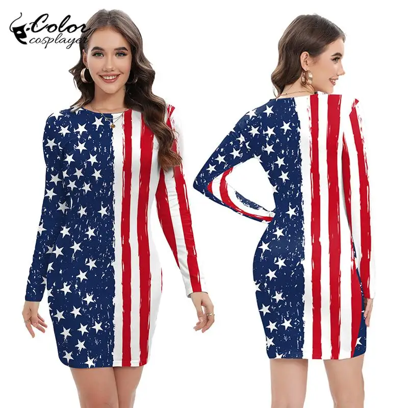 Color Cosplayer Independence Day Dresses Carnival Cosplay Costume Fancy Adult Party 3D Printed Dress Halloween Women Clothing