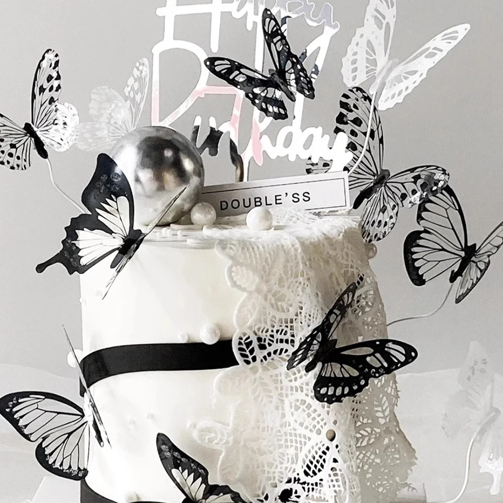 9pcs PVC Gold Silver Black White Butterfly Cake Topper Happy Birthday Wedding Baby Shower Party Decorations Elegant Cake Decor