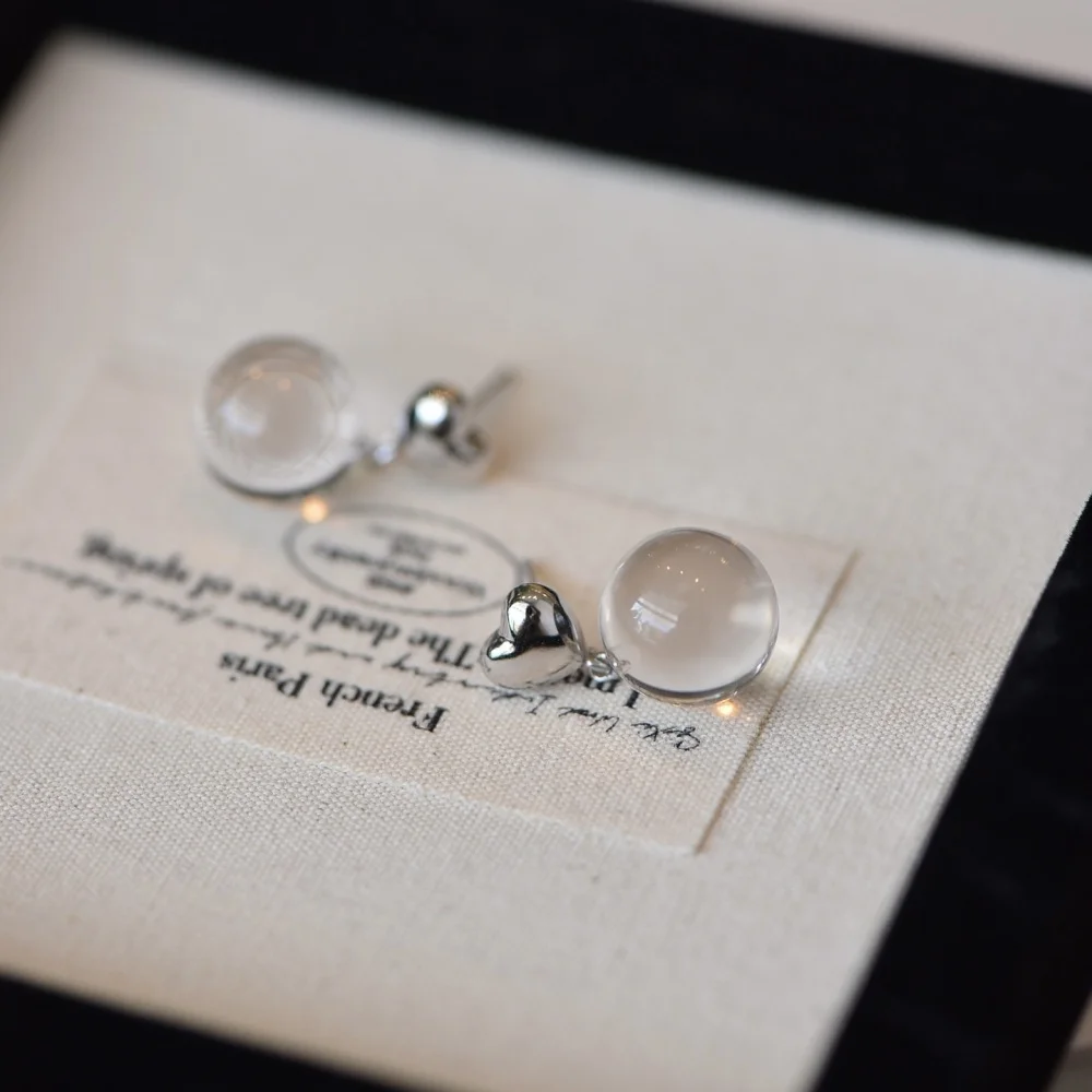 1 Pair Fengbaowu Natural Stone Rock Quartz Sphere Earring Ear Stud 925 Sterling Silver Heart Crystal Jewelry Gift For Women